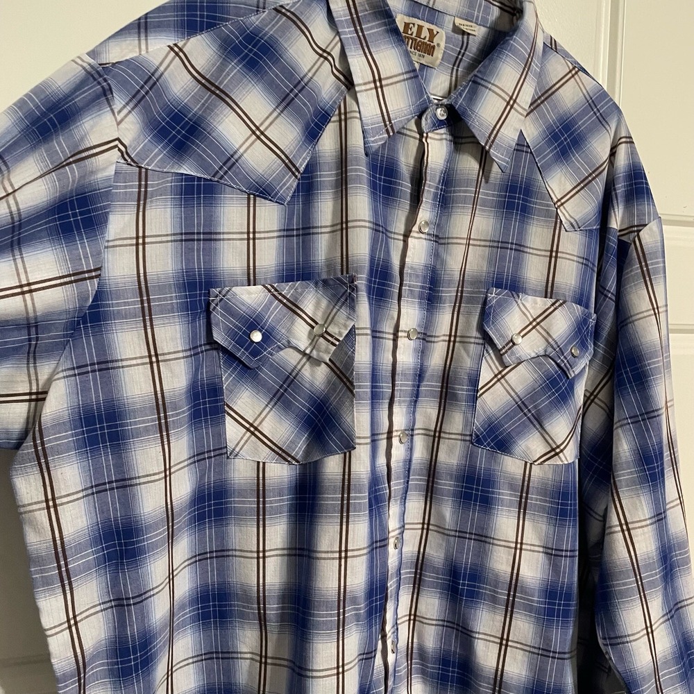Ely Cattleman Western Pearl Snap‎ Shirt Mens XXL Blue White Plaid Long Sleeve - Picture 4 of 9